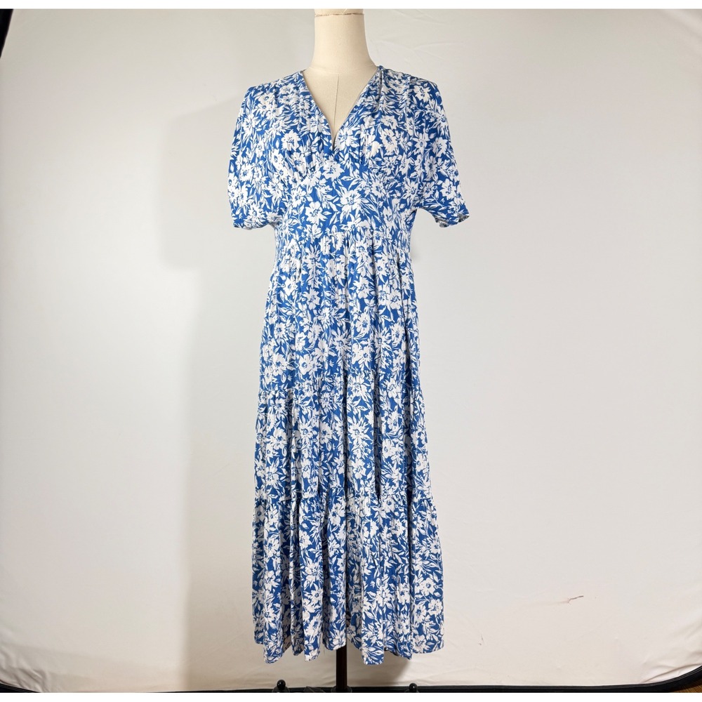 Zara Blue White Floral V-Neck Tiered Midi Dress Short Sleeve XS